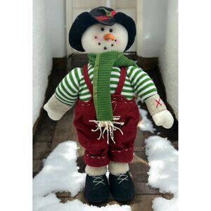 Jolly Snowman Christmas Figurine Mountain Hiker With Green Scarf Striped Sweater